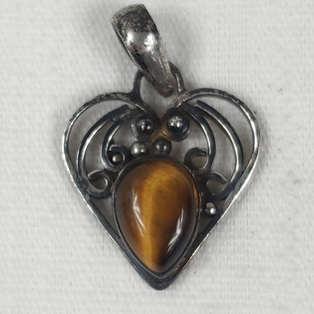 Vintage Sterling Silver 925 Heart Pendant With Tigers Eye Gemstone